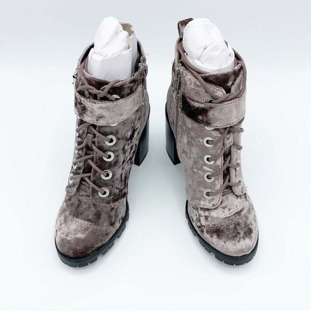 Qupid Velvet Ankle Boots Block Heel Lace Up Buckle - Picture 2 of 8